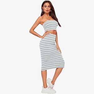 SheIn Striped Crop Bandeau Top and Split Skirt Cotton 2 Piece Set, Light Grey